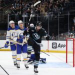Nov 12, 2025; Salt Lake City, Utah, USA; Utah Mammoth center Nick Schmaltz (8) celebrates a goal against the Buffalo Sabres during the third period at Delta Center. Mandatory Credit: Rob Gray-Imagn Images