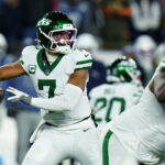 Nov 13, 2025; Foxborough, Massachusetts, USA; New York Jets quarterback Justin Fields (7) throws a pass against the New England Patriots in the fourth quarter at Gillette Stadium. Mandatory Credit: David Butler II-Imagn Images