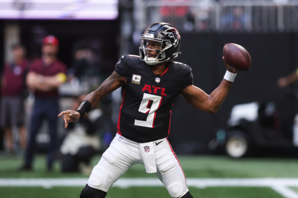 Nov 16, 2025; Atlanta, Georgia, USA; Atlanta Falcons quarterback Michael Penix Jr. (9) throws the ball in the first quarter against the Carolina Panthers at Mercedes-Benz Stadium. Mandatory Credit: Brett Davis-Imagn Images