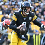 Nov 16, 2025; Pittsburgh, Pennsylvania, USA; Pittsburgh Steelers quarterback Aaron Rodgers (8) runs with the ball against the Cincinnati Bengals during the first half at Acrisure Stadium. Mandatory Credit: Barry Reeger-Imagn Images