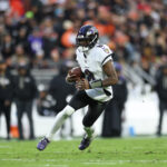 Nov 16, 2025; Cleveland, Ohio, USA; Baltimore Ravens quarterback Lamar Jackson (8) runs for a gain during the first quarter against the Cleveland Browns at Huntington Bank Field. Mandatory Credit: Scott Galvin-Imagn Images
