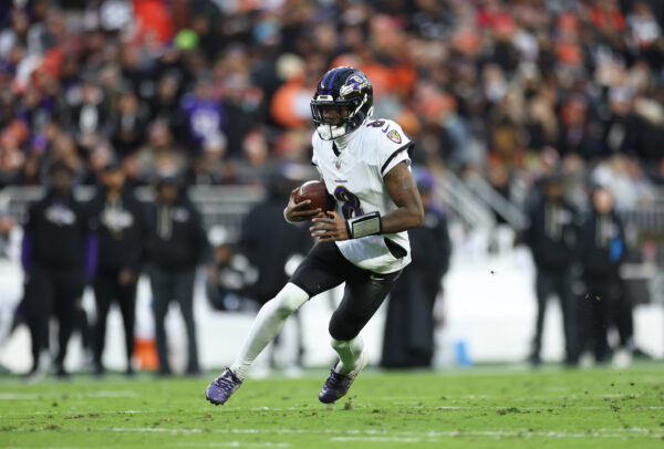 Nov 16, 2025; Cleveland, Ohio, USA; Baltimore Ravens quarterback Lamar Jackson (8) runs for a gain during the first quarter against the Cleveland Browns at Huntington Bank Field. Mandatory Credit: Scott Galvin-Imagn Images