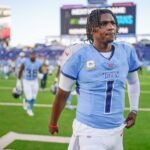 NFL Draft 2026 Tennessee Titans quarterback Cam Ward (1) exits the field after losing to the Houston Texans 16-13 at Nissan Stadium in Nashville, Tenn., Sunday, Nov. 16, 2025.