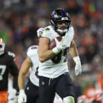 Nov 16, 2025; Cleveland, Ohio, USA; Baltimore Ravens tight end Mark Andrews (89) runs for a touchdown during the fourth quarter against the Cleveland Browns at Huntington Bank Field. Mandatory Credit: Scott Galvin-Imagn Images