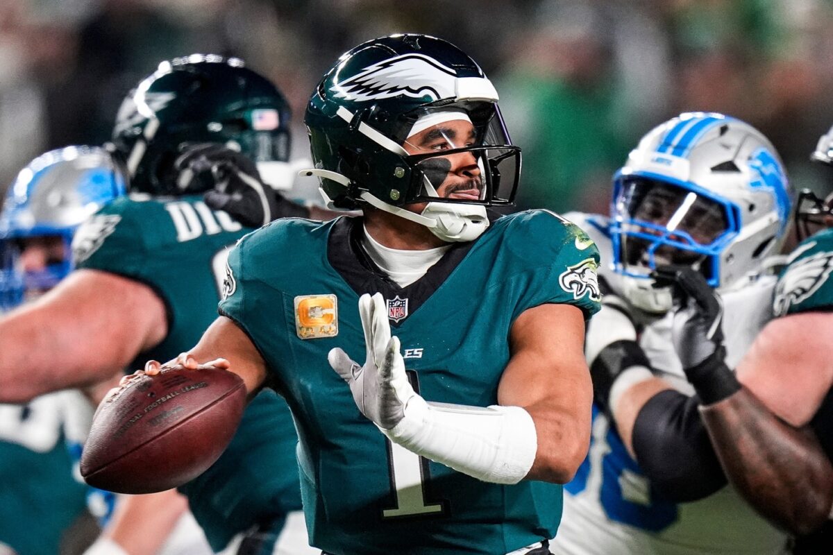 Philadelphia Eagles quarterback Jalen Hurts makes a pass against the Detroit Lions during the first half at Lincoln Financial Field in Philadelphia on Sunday, November 16, 2025.