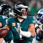 Philadelphia Eagles quarterback Jalen Hurts makes a pass against the Detroit Lions during the first half at Lincoln Financial Field in Philadelphia on Sunday, November 16, 2025.