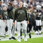 Nov 17, 2025; Paradise, Nevada, USA; Las Vegas Raiders head coach Pete Carroll during the second half of the game against the Dallas Cowboys at Allegiant Stadium. Mandatory Credit: Stephen R. Sylvanie-Imagn Images