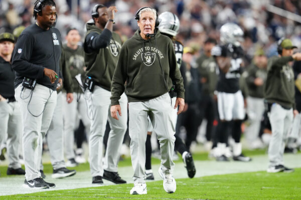 Nov 17, 2025; Paradise, Nevada, USA; Las Vegas Raiders head coach Pete Carroll during the second half of the game against the Dallas Cowboys at Allegiant Stadium. Mandatory Credit: Stephen R. Sylvanie-Imagn Images