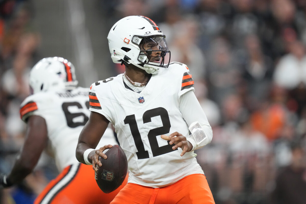 Nov 23, 2025; Paradise, Nevada, USA; Cleveland Browns quarterback Shedeur Sanders (12) passes against the Las Vegas Raiders in the first half at Allegiant Stadium. Mandatory Credit: Kirby Lee-Imagn Images