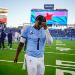NFL Draft 2026 Tennessee Titans quarterback Cam Ward (1) exits the field after the game against the Seattle Seahawks at Nissan Stadium in Nashville, Tenn., Sunday, Nov. 23, 2025.