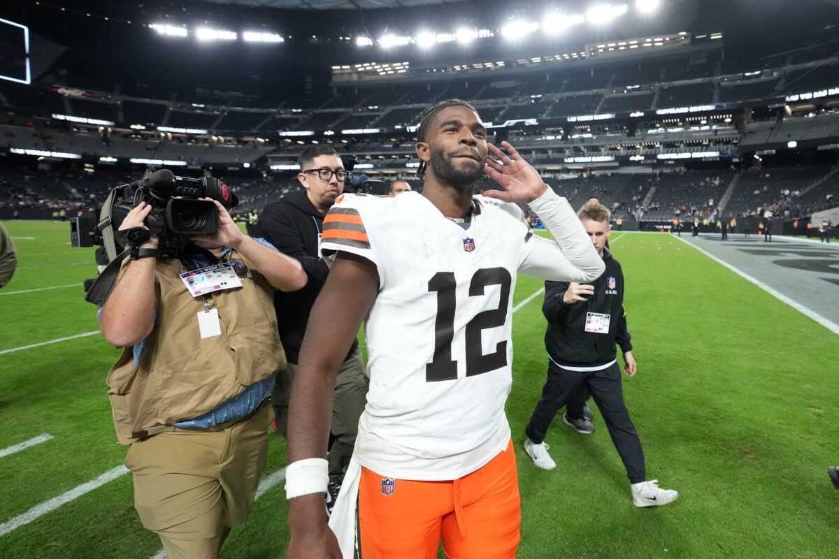 Nov 23, 2025; Paradise, Nevada, USA; Cleveland Browns quarterback Shedeur Sanders (12) reacts at the end of the game against the Las Vegas Raiders at Allegiant Stadium. Mandatory Credit: Kirby Lee-Imagn Images