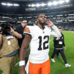 Nov 23, 2025; Paradise, Nevada, USA; Cleveland Browns quarterback Shedeur Sanders (12) reacts at the end of the game against the Las Vegas Raiders at Allegiant Stadium. Mandatory Credit: Kirby Lee-Imagn Images