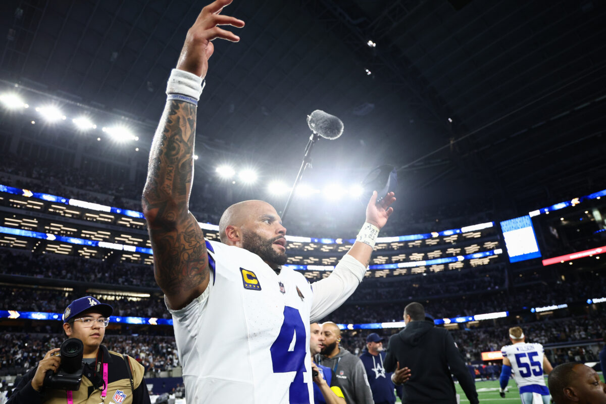 Nov 23, 2025; Arlington, Texas, USA; Dallas Cowboys quarterback Dak Prescott (4) reacts after the game against the Philadelphia Eagles at AT&T Stadium. Mandatory Credit: Kevin Jairaj-Imagn Images