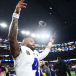 Nov 23, 2025; Arlington, Texas, USA; Dallas Cowboys quarterback Dak Prescott (4) reacts after the game against the Philadelphia Eagles at AT&T Stadium. Mandatory Credit: Kevin Jairaj-Imagn Images
