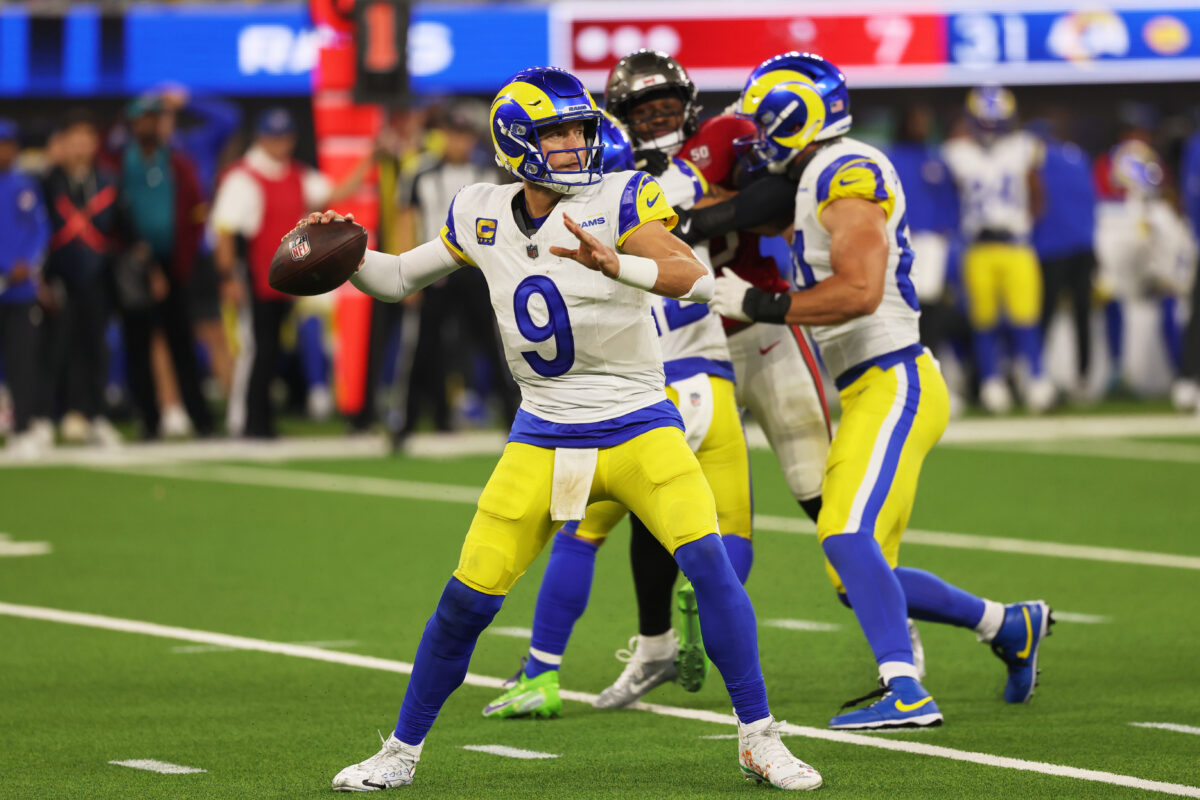 Nov 23, 2025; Inglewood, California, USA; Los Angeles Rams quarterback Matthew Stafford (9) throws a pass against the Tampa Bay Buccaneers during the fourth quarter at SoFi Stadium. Mandatory Credit: Kiyoshi Mio-Imagn Images