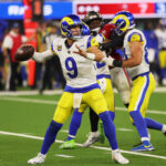 Nov 23, 2025; Inglewood, California, USA; Los Angeles Rams quarterback Matthew Stafford (9) throws a pass against the Tampa Bay Buccaneers during the fourth quarter at SoFi Stadium. Mandatory Credit: Kiyoshi Mio-Imagn Images