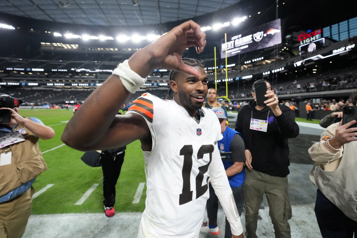 Nov 23, 2025; Paradise, Nevada, USA; Cleveland Browns quarterback Shedeur Sanders (12) reacts at the end of the game against the Las Vegas Raiders at Allegiant Stadium. Mandatory Credit: Kirby Lee-Imagn Images