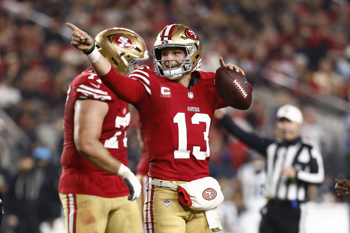 Nov 24, 2025; Santa Clara, California, USA; San Francisco 49ers quarterback Brock Purdy (13) reacts against the Carolina Panthers during the first half at Levi's Stadium. Mandatory Credit: Kelley L Cox-Imagn Images
