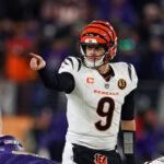 Nov 27, 2025; Baltimore, Maryland, USA; Cincinnati Bengals quarterback Joe Burrow (9) reacts against the Baltimore Ravens during the second half at M&T Bank Stadium. Mandatory Credit: Mitch Stringer-Imagn Images