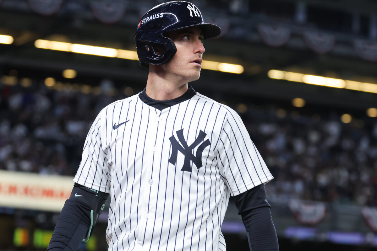 Oct 1, 2025; Bronx, New York, USA; New York Yankees left fielder Cody Bellinger (35) reacts after flying out during the third inning against the Boston Red Sox during game two of the Wildcard round for the 2025 MLB playoffs at Yankee Stadium.