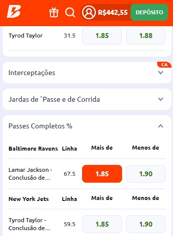 print da tela de apostas NFL na Betano pelo celular