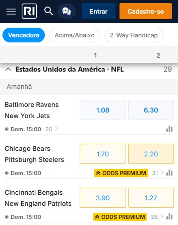 print da tela de apostas NFL na Rivalo pelo celular