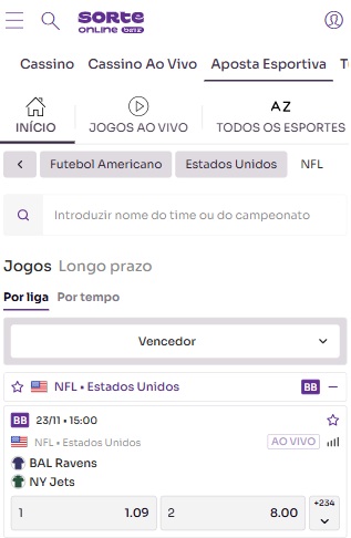 print da tela de apostas NFL na Sorte Online pelo celular