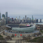 Dec 13, 2020; Chicago, Illinois, USA; In this drone image, a general view of Soldier Field with the Chicago skyline before a game between the Chicago Bears and the Houston Texans the at Soldier Field. Mandatory Credit: Quinn Harris-USA TODAY Sports