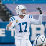 Jan 9, 2021; Orchard Park, New York, USA; Indianapolis Colts quarterback Philip Rivers (17) makes an adjustment at the line of scrimmage in the third quarter wildcard playoff game against the Buffalo Bills at Bills Stadium. Mandatory Credit: Mark Konezny-USA TODAY Sports