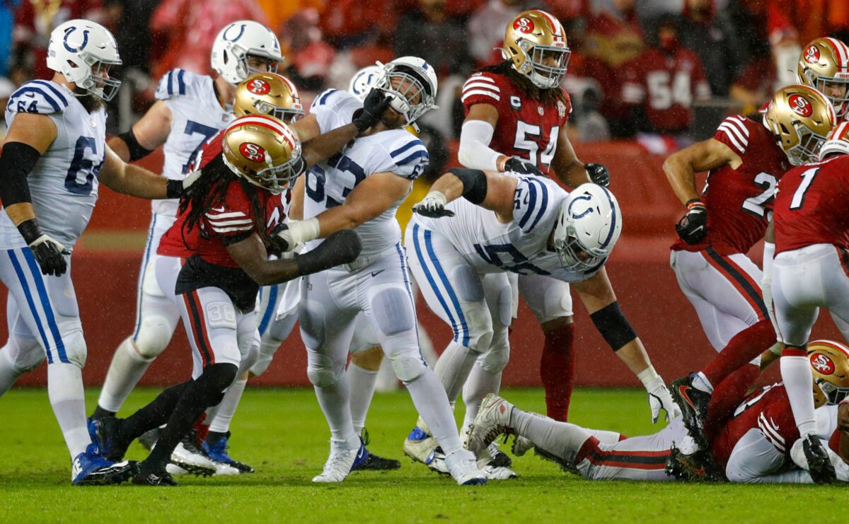 San Francisco 49ers defense and Indianapolis Colts offense clash during the second half of the game Sunday, Oct. 24, 2021, at Levi's Stadium in Santa Clara, Calif. Indianapolis Colts Visit The San Francisco 49ers For Nfl Week 7 At Levi S Stadium In Santa Clara Calif Sunday Oct 24 2021