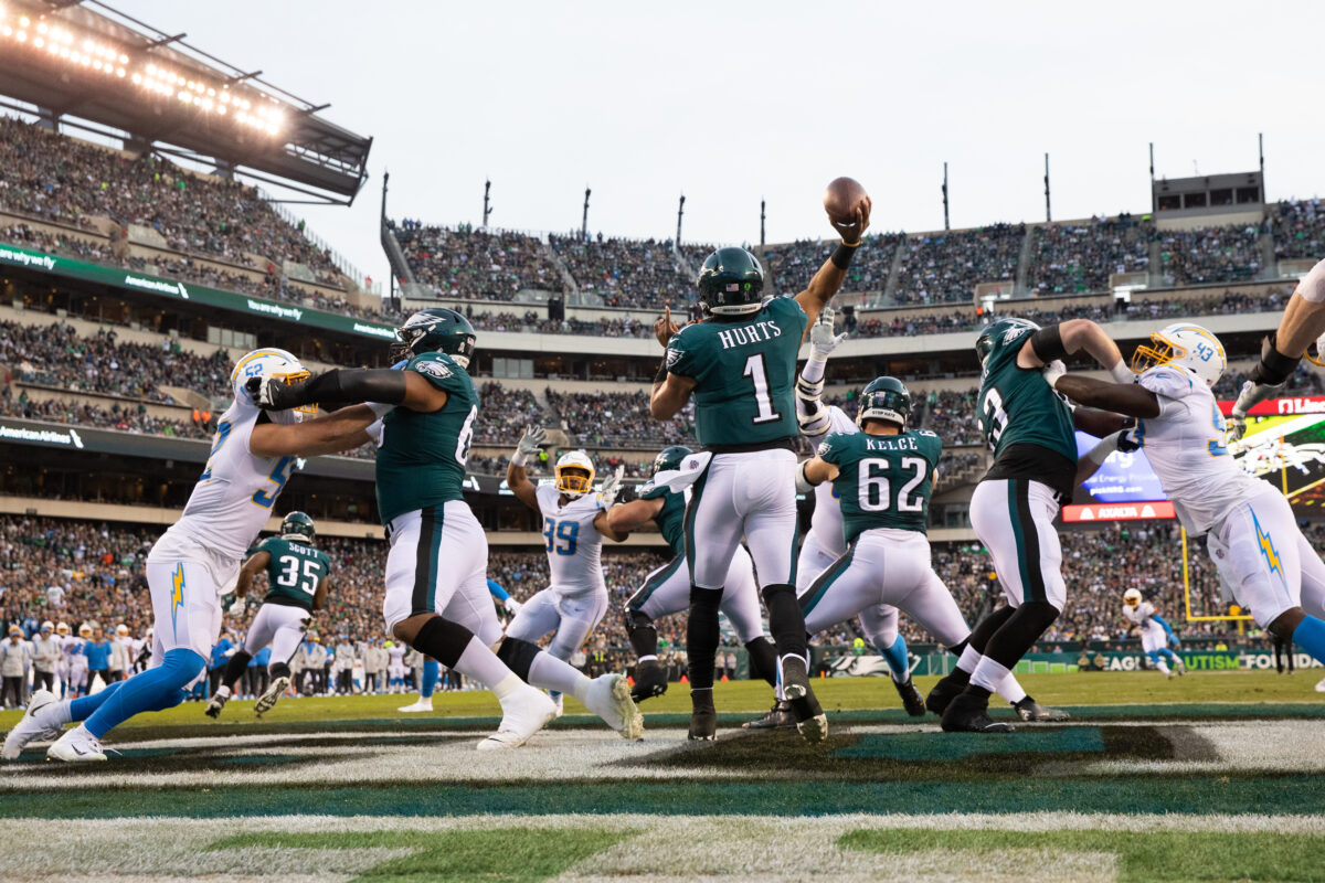 Eagles Chargers Nov 7, 2021; Philadelphia, Pennsylvania, USA; Philadelphia Eagles quarterback Jalen Hurts (1) passes the ball against the Los Angeles Chargers during the first quarter at Lincoln Financial Field. Mandatory Credit: Bill Streicher-USA TODAY Sports