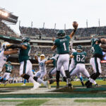 Eagles Chargers Nov 7, 2021; Philadelphia, Pennsylvania, USA; Philadelphia Eagles quarterback Jalen Hurts (1) passes the ball against the Los Angeles Chargers during the first quarter at Lincoln Financial Field. Mandatory Credit: Bill Streicher-USA TODAY Sports