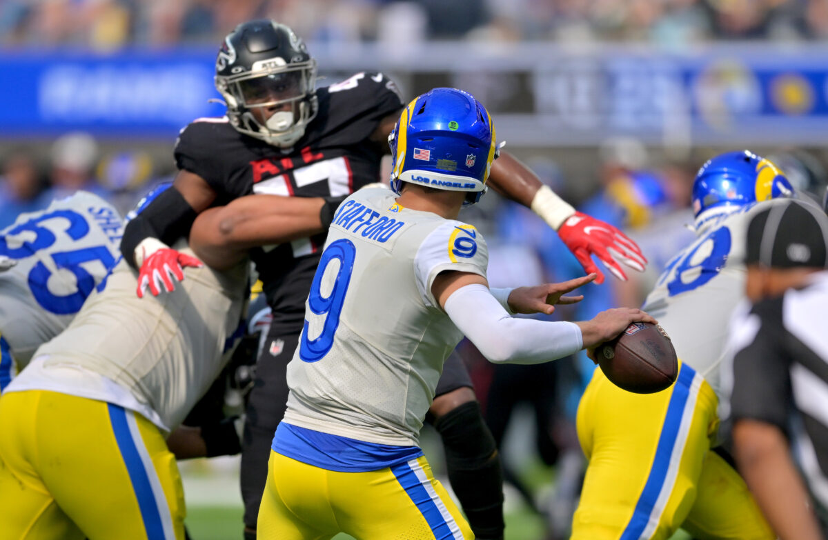 Sep 18, 2022; Inglewood, California, USA; Los Angeles Rams quarterback Matthew Stafford (9) throws a pass in the second half against the Los Angeles Rams at SoFi Stadium. Mandatory Credit: Jayne Kamin-Oncea-USA TODAY Sports