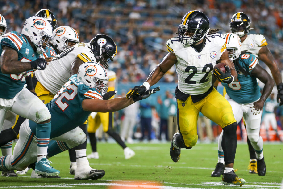 Oct 23, 2022; Miami Gardens, Florida, USA; Pittsburgh Steelers running back Najee Harris (22) runs with the football during the second quarter against the Miami Dolphins at Hard Rock Stadium. Mandatory Credit: Sam Navarro-USA TODAY Sports