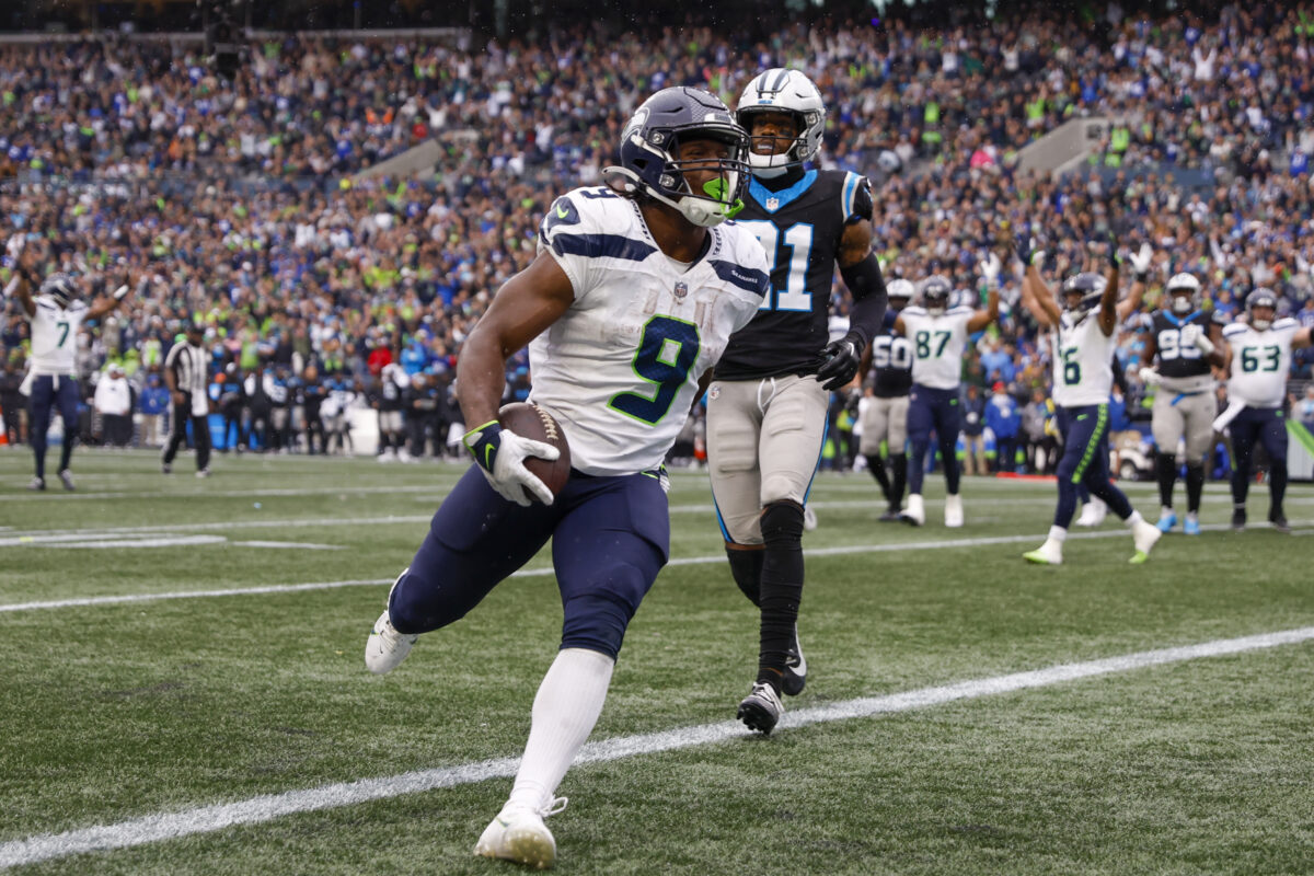 Sep 24, 2023; Seattle, Washington, USA; Seattle Seahawks running back Kenneth Walker III (9) rushes for a touchdown against the Carolina Panthers during the fourth quarter at Lumen Field. Mandatory Credit: Joe Nicholson-USA TODAY Sports