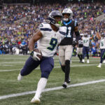 Sep 24, 2023; Seattle, Washington, USA; Seattle Seahawks running back Kenneth Walker III (9) rushes for a touchdown against the Carolina Panthers during the fourth quarter at Lumen Field. Mandatory Credit: Joe Nicholson-USA TODAY Sports