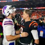 Semana 14 da NFL Buffalo Bills quarterback Josh Allen (17) and Cincinnati Bengals quarterback Joe Burrow (9) shake hands at the conclusion of a Week 9 NFL football game between the Buffalo Bills and the Cincinnati Bengals, Monday, Nov. 6, 2023, at Paycor Stadium in Cincinnati.