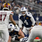 Nov 23, 2023; Arlington, Texas, USA; Dallas Cowboys quarterback Dak Prescott (4) in action during the game between the Dallas Cowboys and the Washington Commanders at AT&T Stadium. Mandatory Credit: Jerome Miron-USA TODAY Sports