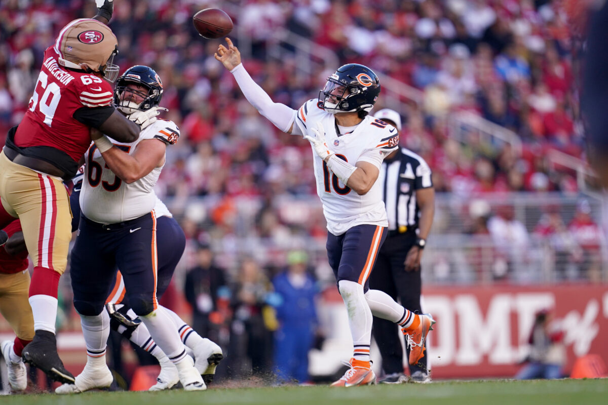 Dec 8, 2024; Santa Clara, California, USA; Chicago Bears quarterback Caleb Williams (18) throws a pass against the San Francisco 49ers in the third quarter at Levi's Stadium. Mandatory Credit: Cary Edmondson-Imagn Images