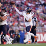 Dec 8, 2024; Santa Clara, California, USA; Chicago Bears quarterback Caleb Williams (18) throws a pass against the San Francisco 49ers in the third quarter at Levi's Stadium. Mandatory Credit: Cary Edmondson-Imagn Images