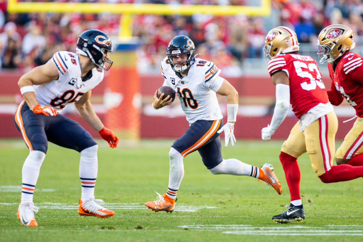 NFL Dec 8, 2024; Santa Clara, California, USA; Chicago Bears quarterback Caleb Williams (18) scrambles during the fourth quarter against the San Francisco 49ers at Levi's Stadium. Mandatory Credit: Bob Kupbens-Imagn Images