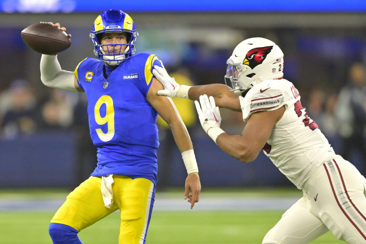 Rams Cardinals Dec 28, 2024; Inglewood, California, USA; Los Angeles Rams quarterback Matthew Stafford (9) throws an incomplete pass as he is pressured by Arizona Cardinals cornerback Sean Murphy-Bunting (23) in the first half at SoFi Stadium. Mandatory Credit: Jayne Kamin-Oncea-Imagn Images