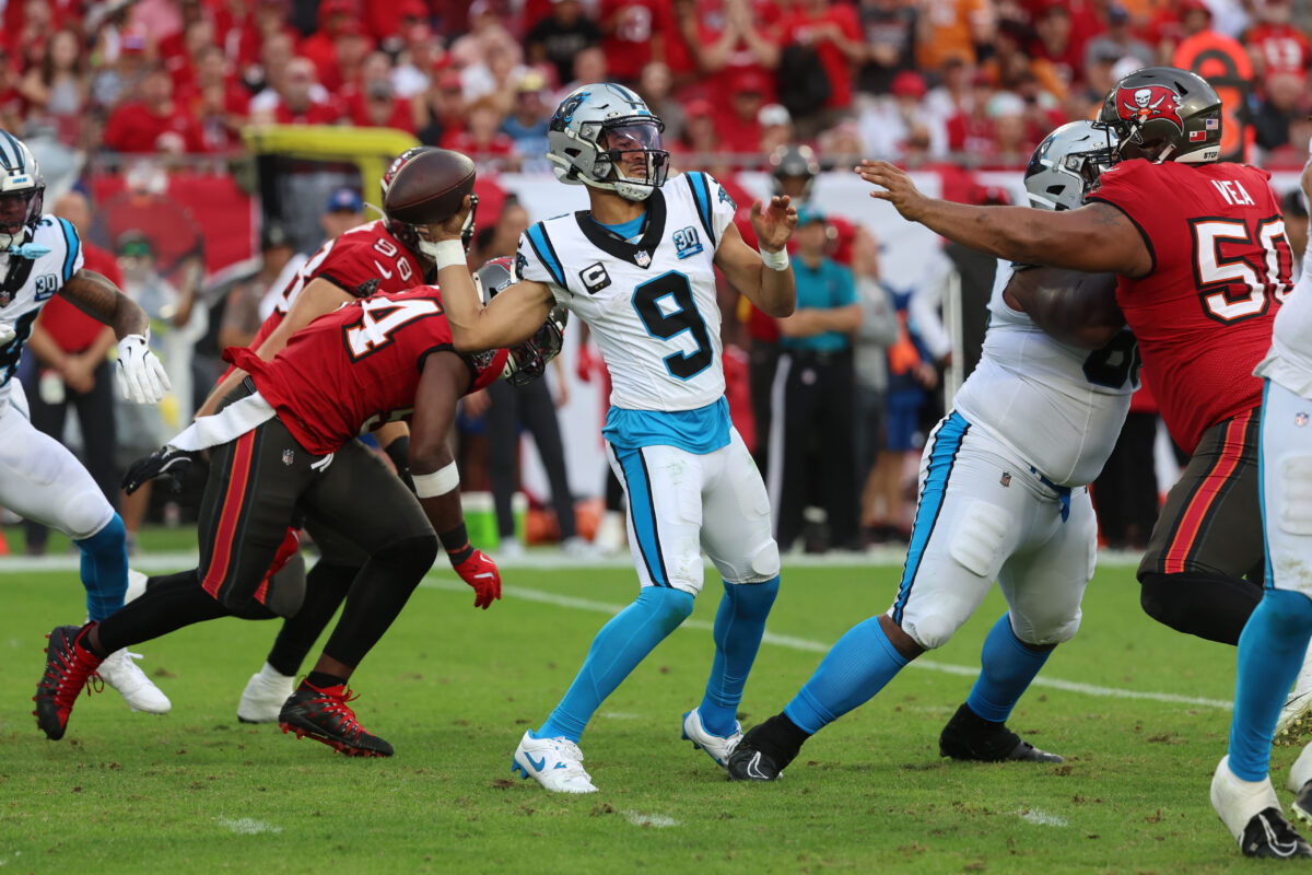 Dec 29, 2024; Tampa, Florida, USA; Carolina Panthers quarterback Bryce Young (9) throws the ball against the Tampa Bay Buccaneers during the second half at Raymond James Stadium. Mandatory Credit: Kim Klement Neitzel-Imagn Images