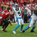 Dec 29, 2024; Tampa, Florida, USA; Carolina Panthers quarterback Bryce Young (9) throws the ball against the Tampa Bay Buccaneers during the second half at Raymond James Stadium. Mandatory Credit: Kim Klement Neitzel-Imagn Images