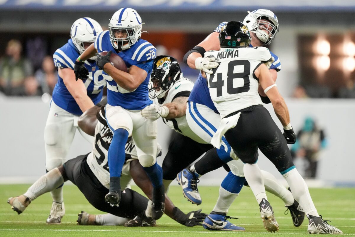 Colts Jaguars Indianapolis Colts running back Jonathan Taylor (28) rushes the ball Sunday, Jan. 5, 2025, during a game against the Jacksonville Jaguars at Lucas Oil Stadium in Indianapolis.
