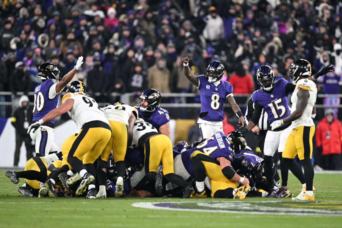 Steelers Ravens Jan 11, 2025; Baltimore, Maryland, USA; Baltimore Ravens quarterback Lamar Jackson (8) reacts in the fourth quarter against the Pittsburgh Steelers in an AFC wild card game at M&T Bank Stadium. Mandatory Credit: Tommy Gilligan-Imagn Images