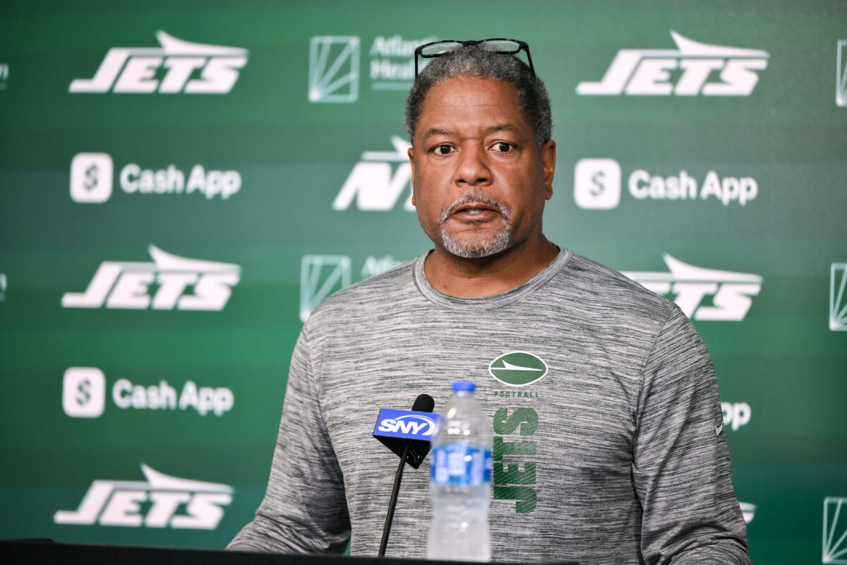 Jun 11, 2025; Florham Park, NY, USA; New York Jets defensive coordinator Steve Wilks speaks at a press conference during minicamp at Atlantic Health Jets Training Center. Mandatory Credit: John Jones-Imagn Images