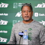 Jun 11, 2025; Florham Park, NY, USA; New York Jets defensive coordinator Steve Wilks speaks at a press conference during minicamp at Atlantic Health Jets Training Center. Mandatory Credit: John Jones-Imagn Images