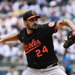 Jun 21, 2025; Bronx, New York, USA; Baltimore Orioles pitcher Zach Eflin (24) pitches against the New York Yankees during the first inning at Yankee Stadium. Mandatory Credit: John Jones-Imagn Images