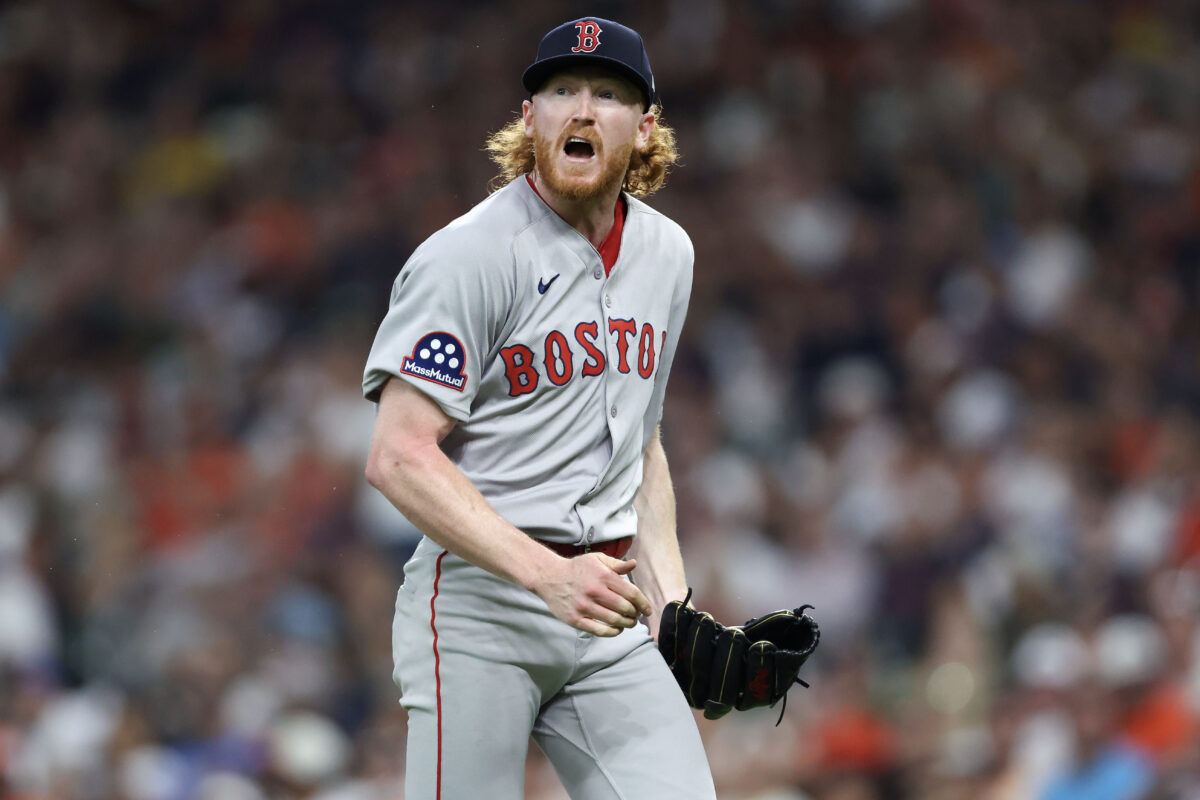Aug 12, 2025; Houston, Texas, USA; Boston Red Sox starting pitcher Dustin May (85) reacts after an out to end the second inning against the Houston Astros at Daikin Park. Mandatory Credit: Troy Taormina-Imagn Images
